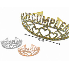 TIARA CON STRASS FELIZ CUMPLEAÑOS PLATEADA/DORADA/ROSA GOLD x1 GY-1525