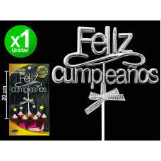ADORNO TOPPER FELIZ CUMPLEAÑOS PLATEADO CON MOÑO