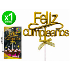 ADORNO TOPPER FELIZ CUMPLEAÑOS DORADO CON MOÑO