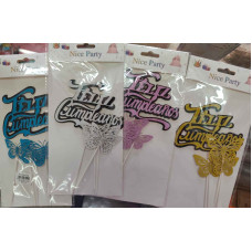 FELIZ CUMPLEAÑOS TOPPER + MARIPOSA x4