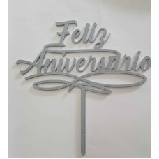 TOPPER FELIZ ANIVERSARIO PLATEADO 3D