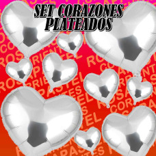 SET GLOBOS CORAZON PLATEADO