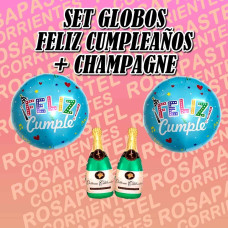 SET GLOBOS FELIZ CUMPLE CHAMPAGNE CELESTE