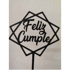 TOPPER FELIZ CUMPLE NEGRO ROMBO 3D